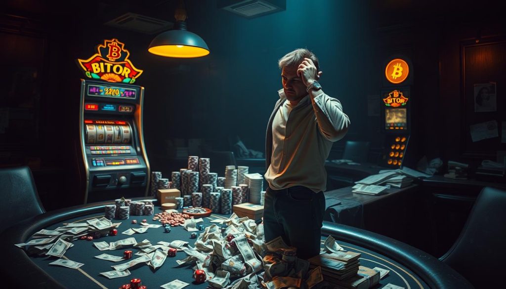 A dimly lit Bitcoin casino interior, with a cluttered table of various gambling paraphernalia - dice, poker chips, and a malfunctioning electronic slot machine. The atmosphere is tense, with shadows casting an ominous glow over the scene. In the foreground, a confused gambler stands, scratching their head, surrounded by discarded betting slips and crumpled bills, a metaphor for the common mistakes made by novice Bitcoin casino players. The image is shot with a wide-angle lens, capturing the sense of unease and chaos within the space. A dimly lit Bitcoin casino interior, with a cluttered table of various gambling paraphernalia - dice, poker chips, and a malfunctioning electronic slot machine. The atmosphere is tense, with shadows casting an ominous glow over the scene. In the foreground, a confused gambler stands, scratching their head, surrounded by discarded betting slips and crumpled bills, a metaphor for the common mistakes made by novice Bitcoin casino players. The image is shot with a wide-angle lens, capturing the sense of unease and chaos within the space.