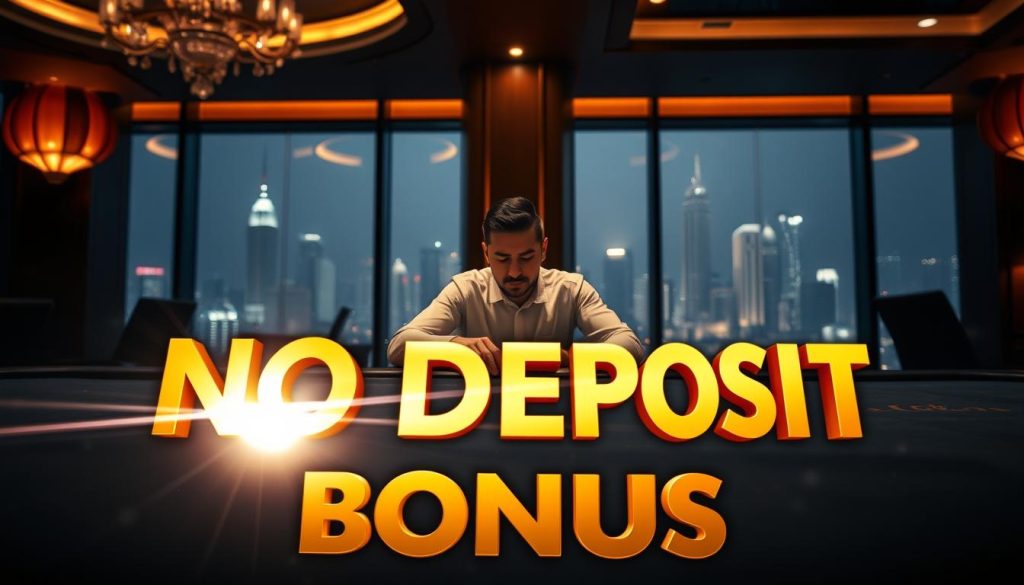 A dimly lit casino lobby, the air thick with anticipation. In the foreground, a shimmering no deposit bonus offer materializes, its bold, golden text casting a warm glow across the scene. The middle ground reveals a player seated at a sleek gaming table, fingers poised on the chips, eyes fixed with determination. In the background, a hazy cityscape of Jakarta's skyline can be seen through the large windows, the lights twinkling like stars. The mood is one of mystery and excitement, inviting the viewer to explore the world of no deposit casino bonuses in Indonesia. A dimly lit casino lobby, the air thick with anticipation. In the foreground, a shimmering no deposit bonus offer materializes, its bold, golden text casting a warm glow across the scene. The middle ground reveals a player seated at a sleek gaming table, fingers poised on the chips, eyes fixed with determination. In the background, a hazy cityscape of Jakarta's skyline can be seen through the large windows, the lights twinkling like stars. The mood is one of mystery and excitement, inviting the viewer to explore the world of no deposit casino bonuses in Indonesia.