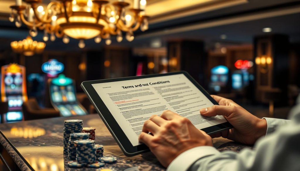 A dimly lit casino lobby, with an ornate chandelier casting a warm glow over a granite-topped table. On the table, a stack of casino chips and a tablet displaying a detailed terms and conditions document, its pages meticulously organized. In the foreground, a pair of hands carefully studying the fine print, while the background features a blurred view of the casino floor, hinting at the excitement and allure of the gaming experience. The scene conveys a sense of cautious deliberation, as the player navigates the complexities of the casino's bonus offerings. A dimly lit casino lobby, with an ornate chandelier casting a warm glow over a granite-topped table. On the table, a stack of casino chips and a tablet displaying a detailed terms and conditions document, its pages meticulously organized. In the foreground, a pair of hands carefully studying the fine print, while the background features a blurred view of the casino floor, hinting at the excitement and allure of the gaming experience. The scene conveys a sense of cautious deliberation, as the player navigates the complexities of the casino's bonus offerings.