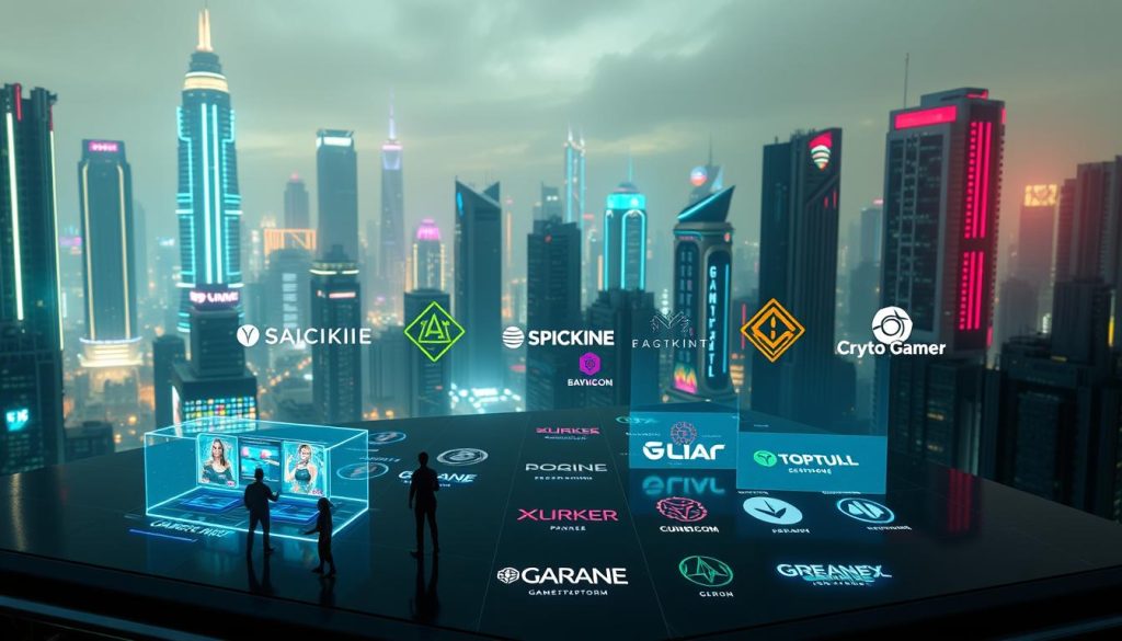 A futuristic cityscape of towering skyscrapers bathed in neon lights, reflecting off the dark, sleek surfaces of modern crypto gaming platforms. In the foreground, holographic interfaces and virtual avatars interacting with colorful, immersive gaming experiences. The middle ground showcases the logos and branding of leading crypto-based gaming platforms, each with a distinct design aesthetic. The background fades into a hazy, cyberpunk-inspired atmosphere, hinting at the cutting-edge technology powering these innovative gaming ecosystems.
