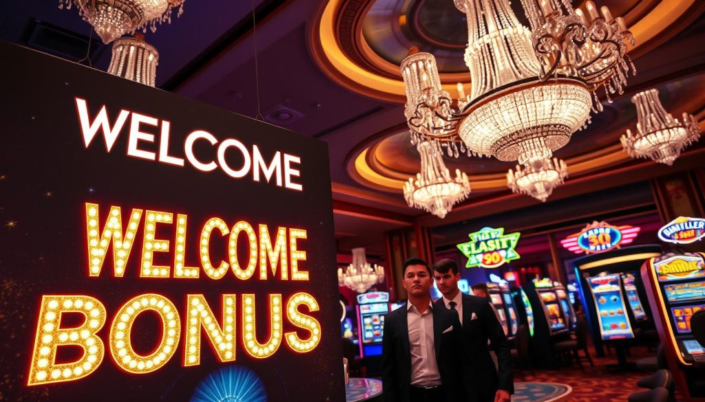 A glamorous casino interior with high ceilings, crystal chandeliers, and ornate decor. In the foreground, a large welcome banner showcases an enticing casino bonus offer, with the text appearing to be made of glittering gold and neon lights. The middle ground features smartly dressed people eagerly approaching the casino's front desk, anticipation in their expressions. In the background, glimpses of slot machines, gaming tables, and other casino attractions create an atmosphere of excitement and potential for big wins. The lighting is warm and inviting, creating a sense of luxury and opulence. The overall mood is one of anticipation and the thrill of new possibilities.