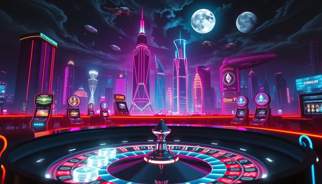A glamorous, neon-lit Ethereum casino set in a futuristic metropolis. In the foreground, a roulette table with glowing holographic chips and sleek, modern gaming terminals. The middle ground features towering skyscrapers with a vibrant, cyberpunk aesthetic, neon signs, and floating airships. The background is a dramatic, moody sky with swirling energy particles and a full moon. Crisp, cinematic lighting illuminates the scene, creating a sense of excitement and high-stakes thrills. The overall atmosphere is one of technological wonder, luxurious decadence, and the thrill of cryptocurrency-fueled gaming. A glamorous, neon-lit Ethereum casino set in a futuristic metropolis. In the foreground, a roulette table with glowing holographic chips and sleek, modern gaming terminals. The middle ground features towering skyscrapers with a vibrant, cyberpunk aesthetic, neon signs, and floating airships. The background is a dramatic, moody sky with swirling energy particles and a full moon. Crisp, cinematic lighting illuminates the scene, creating a sense of excitement and high-stakes thrills. The overall atmosphere is one of technological wonder, luxurious decadence, and the thrill of cryptocurrency-fueled gaming.