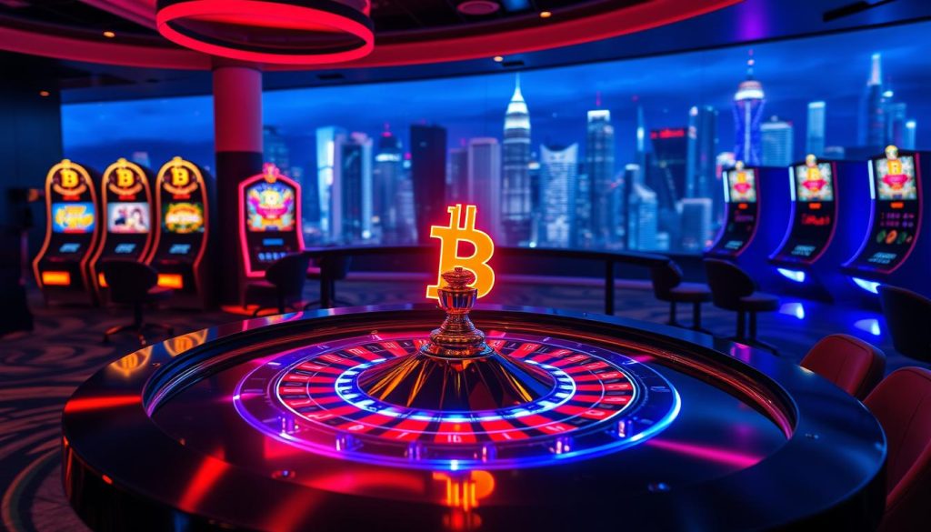 A gleaming neon-lit casino filled with the enticing allure of cryptocurrency-themed games. In the foreground, a high-contrast table showcases a vibrant, holographic-style display of a Bitcoin roulette wheel, its spinning motion mesmerizing. In the middle ground, sleek, metallic slot machines emit a futuristic glow, their screens flashing with digital currencies and cryptographic symbols. The background is a panoramic scene of a bustling, futuristic city skyline, reflecting the cutting-edge nature of this crypto-powered gaming experience. Soft, dramatic lighting casts a moody ambiance, evoking a sense of excitement and innovation in the world of online gambling.
