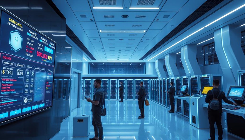 A high-security cryptocurrency gambling facility set in a sleek, futuristic environment. In the foreground, a wall-mounted display shows live transaction data and security alerts. In the middle ground, patrons use cutting-edge biometric scanners and two-factor authentication terminals to access their accounts. The background depicts a vast server farm, its racks of powerful computers securing the blockchain network. Soft blue lighting and angular architecture convey a sense of technological sophistication and uncompromising safety.