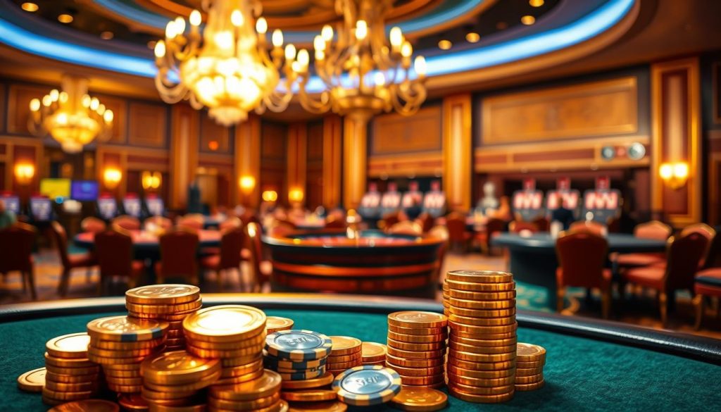 A high-stakes casino interior bathed in warm, inviting lighting. In the foreground, a stack of gold coins and casino chips glisten, symbolizing the lucrative bonuses on offer. In the middle ground, elegant roulette wheels and card tables beckon, their felt surfaces smooth and pristine. In the background, a grand chandelier casts a soft, amber glow over the scene, creating an atmosphere of sophistication and opportunity. The overall mood is one of excitement and the promise of financial rewards, perfectly capturing the essence of the "Strategies to Maximize Your Casino Bonus Value" section. A high-stakes casino interior bathed in warm, inviting lighting. In the foreground, a stack of gold coins and casino chips glisten, symbolizing the lucrative bonuses on offer. In the middle ground, elegant roulette wheels and card tables beckon, their felt surfaces smooth and pristine. In the background, a grand chandelier casts a soft, amber glow over the scene, creating an atmosphere of sophistication and opportunity. The overall mood is one of excitement and the promise of financial rewards, perfectly capturing the essence of the "Strategies to Maximize Your Casino Bonus Value" section.