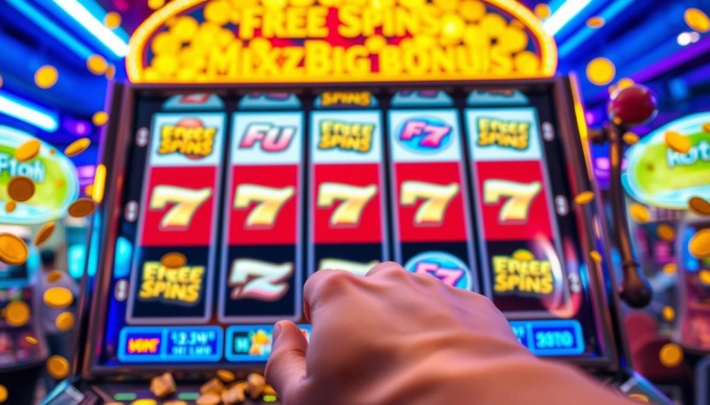 A large slot machine against a backdrop of neon casino lights and glittering gold coins. The slot reels spin rapidly, showcasing a flurry of free spin bonus symbols. In the foreground, a hand reaches out to pull the lever, capturing the excitement and anticipation of unlocking lucrative free spins. The scene is illuminated by a warm, inviting glow, evoking the thrill of a big casino win. The overall composition conveys the concept of "Maximizing Your Winnings from Free Spins Bonuses" through dynamic motion, vibrant colors, and a sense of potential wealth. A large slot machine against a backdrop of neon casino lights and glittering gold coins. The slot reels spin rapidly, showcasing a flurry of free spin bonus symbols. In the foreground, a hand reaches out to pull the lever, capturing the excitement and anticipation of unlocking lucrative free spins. The scene is illuminated by a warm, inviting glow, evoking the thrill of a big casino win. The overall composition conveys the concept of "Maximizing Your Winnings from Free Spins Bonuses" through dynamic motion, vibrant colors, and a sense of potential wealth.