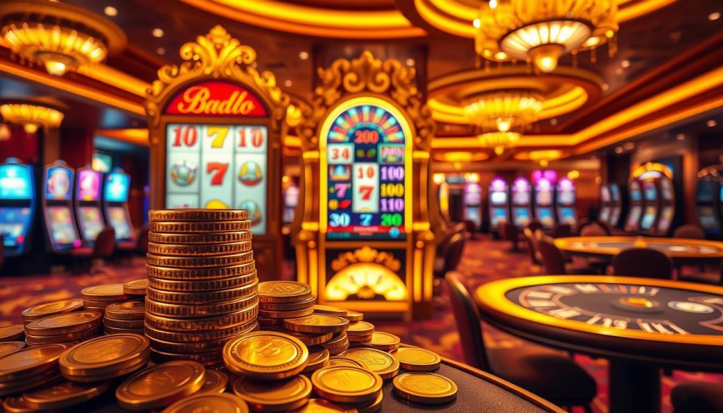 A luxurious casino interior bathed in warm, amber lighting. In the foreground, a stack of gold coins and casino chips, casting enticing glints. In the middle ground, a large, ornate slot machine with spinning reels and flashing lights, inviting the viewer to try their luck. The background features rows of gleaming slot machines and gaming tables, creating a sense of excitement and anticipation. The overall atmosphere conveys the allure of a free spins casino bonus, where the chance to win big prizes is palpable. A luxurious casino interior bathed in warm, amber lighting. In the foreground, a stack of gold coins and casino chips, casting enticing glints. In the middle ground, a large, ornate slot machine with spinning reels and flashing lights, inviting the viewer to try their luck. The background features rows of gleaming slot machines and gaming tables, creating a sense of excitement and anticipation. The overall atmosphere conveys the allure of a free spins casino bonus, where the chance to win big prizes is palpable.