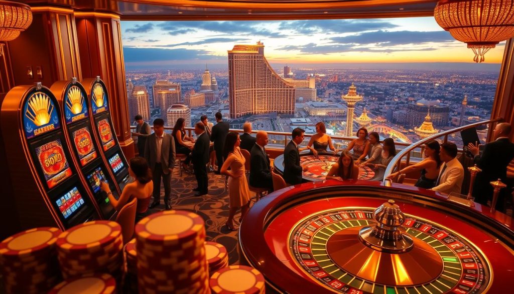 A luxurious casino lobby bathed in warm, golden lighting, the foreground filled with a stack of casino chips, slot machine reels, and a glittering jackpot symbol. In the middle ground, a roulette table surrounded by elegantly dressed patrons, their expressions focused and intent. The background features an expansive panorama of the city skyline, with the iconic silhouette of a towering casino resort dominating the view. The overall scene conveys a sense of excitement, high stakes, and the allure of lucrative casino bonuses and promotions. A luxurious casino lobby bathed in warm, golden lighting, the foreground filled with a stack of casino chips, slot machine reels, and a glittering jackpot symbol. In the middle ground, a roulette table surrounded by elegantly dressed patrons, their expressions focused and intent. The background features an expansive panorama of the city skyline, with the iconic silhouette of a towering casino resort dominating the view. The overall scene conveys a sense of excitement, high stakes, and the allure of lucrative casino bonuses and promotions.