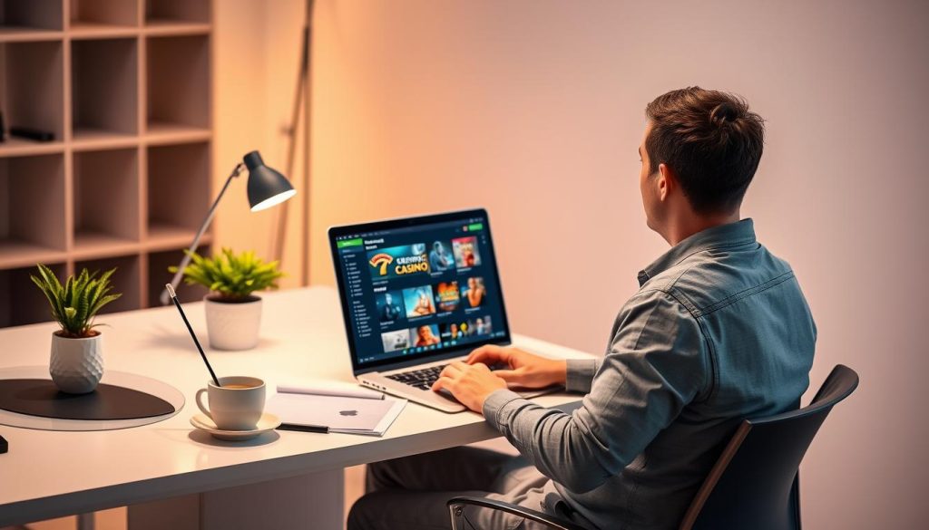 A modern, minimalist office scene with a person sitting at a desk, laptop open, browsing online casino offers on their screen. The desk is clean and organized, with a potted plant and a cup of coffee nearby. The person is casually dressed, appearing focused and engaged with the task at hand. Soft, warm lighting illuminates the scene, creating a cozy, productive atmosphere. The background is slightly blurred, suggesting a professional, distraction-free environment. A modern, minimalist office scene with a person sitting at a desk, laptop open, browsing online casino offers on their screen. The desk is clean and organized, with a potted plant and a cup of coffee nearby. The person is casually dressed, appearing focused and engaged with the task at hand. Soft, warm lighting illuminates the scene, creating a cozy, productive atmosphere. The background is slightly blurred, suggesting a professional, distraction-free environment.