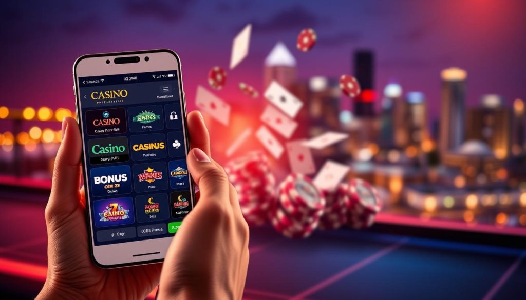 A modern, sleek online casino interface with glowing neon lights and a vibrant color palette. In the foreground, a pair of hands holding a smartphone displaying various casino bonus offers, logos, and promotional buttons. In the middle ground, cascading casino chips and playing cards set against a blurred background of a city skyline at night. The scene is illuminated by a soft, warm lighting that creates a sense of excitement and anticipation. The overall atmosphere evokes the thrill and allure of online casino gaming and its rewarding bonus opportunities.