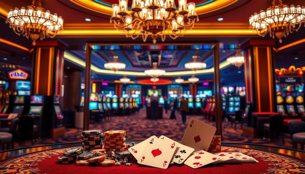 A neon-lit casino lobby, with a grand entrance framed by sparkling chandeliers. In the foreground, a display of casino chips, dice, and playing cards arranged artfully, hinting at the thrilling promotions and offers within. Warm, ambient lighting casts a seductive glow, drawing the viewer's attention to the center stage. In the background, a panoramic view of the casino floor, bustling with the energy of slot machines and gaming tables. The scene exudes a sense of excitement and anticipation, capturing the essence of the latest casino promotions and offers that await the reader. A neon-lit casino lobby, with a grand entrance framed by sparkling chandeliers. In the foreground, a display of casino chips, dice, and playing cards arranged artfully, hinting at the thrilling promotions and offers within. Warm, ambient lighting casts a seductive glow, drawing the viewer's attention to the center stage. In the background, a panoramic view of the casino floor, bustling with the energy of slot machines and gaming tables. The scene exudes a sense of excitement and anticipation, capturing the essence of the latest casino promotions and offers that await the reader.