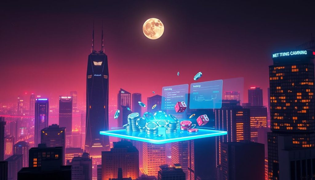 A neon-lit, futuristic cityscape at night, with a holographic display in the center showcasing various cryptocurrency betting options. In the foreground, a high-contrast, hyper-detailed render of digital betting chips, dice, and other gambling paraphernalia float in mid-air, casting dynamic shadows. The middle ground features skyscrapers with sharp, angular architecture, their windows emitting a warm, cyberpunk glow. The background is a hazy, atmospheric skyline, with a full moon and glimmering stars. The overall mood is one of sleek, technological sophistication, inviting the viewer to explore the exciting world of crypto gambling.