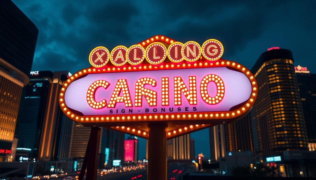A neon-lit sign in the style of a classic Las Vegas casino marquee, featuring glowing text that reads "Online Casino Sign-Up Bonuses" in an eye-catching, casino-inspired font. The sign is situated against a backdrop of a sleek, modern cityscape, with skyscrapers and a night sky illuminated by the glow of the city lights. The scene is bathed in a warm, inviting color palette of golds, oranges, and reds, creating a sense of excitement and anticipation. The composition emphasizes the central sign, placing it in the foreground for maximum visual impact, while the surrounding cityscape provides a sense of context and scale.