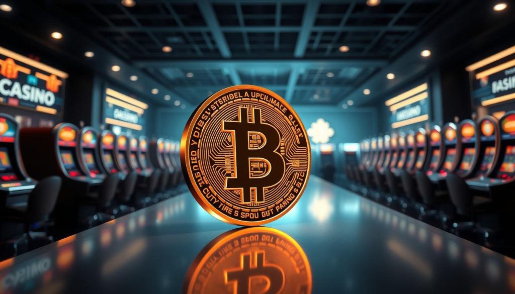 A secure online casino platform against a sleek, modern backdrop. In the foreground, a 3D representation of a shiny bitcoin cryptocurrency symbol, radiating a warm, authoritative glow. Behind it, rows of polished gaming tables and slot machines, with the casino's logo prominently displayed. The lighting is a blend of cool tones and dramatic shadows, conveying a sense of trust, reliability, and high-tech sophistication. The overall atmosphere is one of a cutting-edge, trustworthy online gambling experience where bitcoin transactions are seamlessly integrated. A secure online casino platform against a sleek, modern backdrop. In the foreground, a 3D representation of a shiny bitcoin cryptocurrency symbol, radiating a warm, authoritative glow. Behind it, rows of polished gaming tables and slot machines, with the casino's logo prominently displayed. The lighting is a blend of cool tones and dramatic shadows, conveying a sense of trust, reliability, and high-tech sophistication. The overall atmosphere is one of a cutting-edge, trustworthy online gambling experience where bitcoin transactions are seamlessly integrated.
