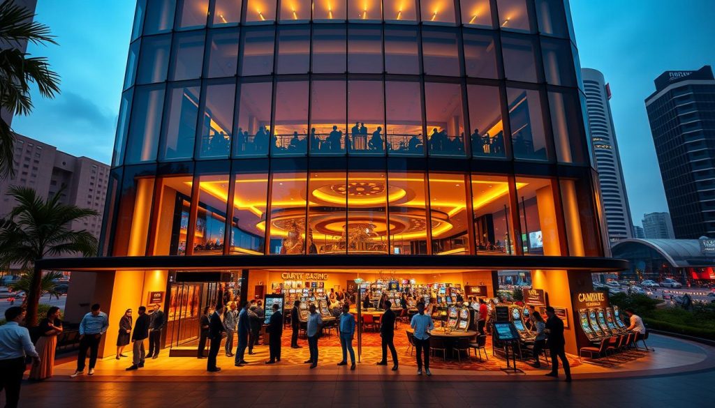A serene and sophisticated crypto casino nestled in the heart of Jakarta, Indonesia. The building's modern architecture features sleek lines and a glass facade, bathed in warm, golden lighting that creates an inviting atmosphere. In the foreground, a group of well-dressed patrons gather at the entrance, exuding an air of excitement and anticipation. The middle ground showcases the casino's lively interior, with high-stakes gaming tables and slot machines surrounded by elegant decor. In the background, the bustling city skyline provides a picturesque backdrop, hinting at the cosmopolitan nature of this reputable crypto gambling establishment.