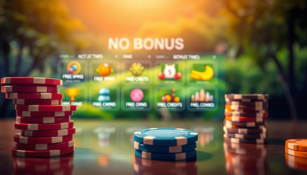 A serene, intimate scene showcasing various forms of no deposit casino bonuses in Indonesia. In the foreground, a stack of casino chips in vibrant colors, reflecting the enticing nature of these bonuses. In the middle ground, a digital display depicting different bonus types, such as free spins, free credits, and welcome packages, all against a backdrop of a lush, verdant landscape. The lighting is warm and inviting, creating a sense of excitement and anticipation. The composition is balanced, with a shallow depth of field that draws the viewer's attention to the key elements. The overall atmosphere is one of opportunity and potential, reflecting the thrilling experience of unlocking these no deposit bonuses in the Indonesian gaming landscape. A serene, intimate scene showcasing various forms of no deposit casino bonuses in Indonesia. In the foreground, a stack of casino chips in vibrant colors, reflecting the enticing nature of these bonuses. In the middle ground, a digital display depicting different bonus types, such as free spins, free credits, and welcome packages, all against a backdrop of a lush, verdant landscape. The lighting is warm and inviting, creating a sense of excitement and anticipation. The composition is balanced, with a shallow depth of field that draws the viewer's attention to the key elements. The overall atmosphere is one of opportunity and potential, reflecting the thrilling experience of unlocking these no deposit bonuses in the Indonesian gaming landscape.