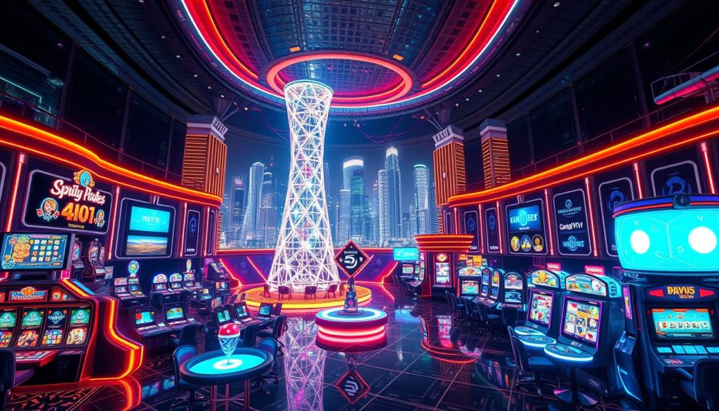 A sprawling, futuristic crypto-themed casino, bathed in neon lights and shimmering digital accents. The grand entrance features a towering holographic display showcasing the latest crypto assets, inviting players to explore the cutting-edge gaming experience within. The main gaming floor is a dazzling array of digital slot machines, interactive holographic tables, and virtual reality gaming pods, all seamlessly integrated with a state-of-the-art cryptocurrency payment system. In the background, a panoramic view of a gleaming, high-tech cityscape at night, with skyscrapers adorned with dynamic, crypto-inspired light displays. The overall atmosphere is one of excitement, innovation, and the promise of boundless digital wealth.