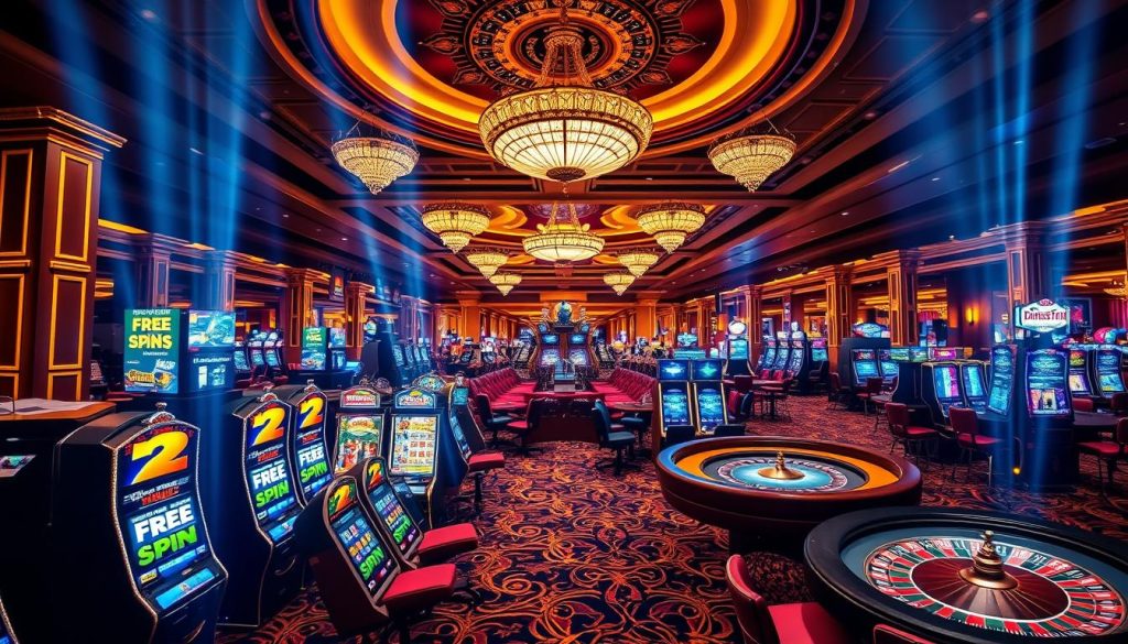 A vibrant casino lobby showcasing alluring promotional offers. In the foreground, a display of shimmering slot machines and roulette tables invites players. The middle ground features signage advertising enticing no-deposit bonuses, free spins, and jackpot promotions, all backlit by a warm, inviting glow. In the background, a panoramic view of the casino's opulent interior, with ornate chandeliers and plush seating areas, creates a sense of luxury and excitement. The lighting is dynamic, casting dramatic shadows and highlights, capturing the energy and anticipation of a thriving casino atmosphere. A vibrant casino lobby showcasing alluring promotional offers. In the foreground, a display of shimmering slot machines and roulette tables invites players. The middle ground features signage advertising enticing no-deposit bonuses, free spins, and jackpot promotions, all backlit by a warm, inviting glow. In the background, a panoramic view of the casino's opulent interior, with ornate chandeliers and plush seating areas, creates a sense of luxury and excitement. The lighting is dynamic, casting dramatic shadows and highlights, capturing the energy and anticipation of a thriving casino atmosphere.