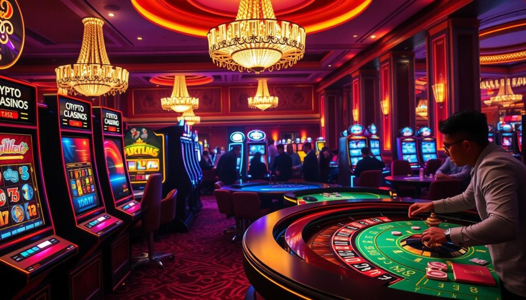 A vibrant casino scene, illuminated by the warm glow of neon lights. In the foreground, a selection of the most popular crypto casino games - sleek slot machines, a roulette table with a spinning wheel, and a blackjack table with cards and chips. In the middle ground, silhouettes of players engrossed in the action, their expressions filled with excitement. The background depicts a luxurious casino interior, with ornate chandeliers, plush carpeting, and opulent decor that evokes a sense of high-stakes glamour. The overall atmosphere is one of anticipation and the thrill of potential winnings, capturing the essence of the best crypto casino experiences.