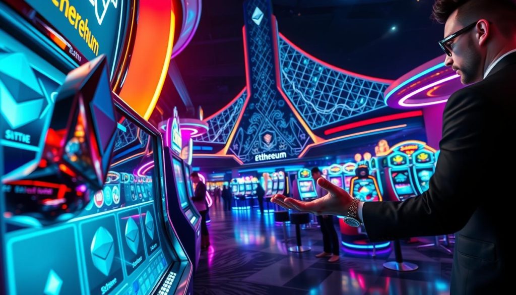 A vibrant, futuristic Ethereum casino scene. In the foreground, a stylish player deposits coins into a sleek, glowing Ethereum-themed slot machine, their hands outstretched over a gleaming, chrome-accented interface. The middle ground features a bustling casino floor, with neon-lit tables and terminals where other players engage in a variety of Ethereum-based games, their faces lit by the digital glow. In the background, a towering, angular casino building rises, its facade adorned with intricate, blockchain-inspired patterns that seem to shimmer and pulse with energy. Soft, diffused lighting casts a warm, inviting atmosphere, while subtle lens flares and depth of field blur the edges, creating a sense of immersion and technological wonder. A vibrant, futuristic Ethereum casino scene. In the foreground, a stylish player deposits coins into a sleek, glowing Ethereum-themed slot machine, their hands outstretched over a gleaming, chrome-accented interface. The middle ground features a bustling casino floor, with neon-lit tables and terminals where other players engage in a variety of Ethereum-based games, their faces lit by the digital glow. In the background, a towering, angular casino building rises, its facade adorned with intricate, blockchain-inspired patterns that seem to shimmer and pulse with energy. Soft, diffused lighting casts a warm, inviting atmosphere, while subtle lens flares and depth of field blur the edges, creating a sense of immersion and technological wonder.
