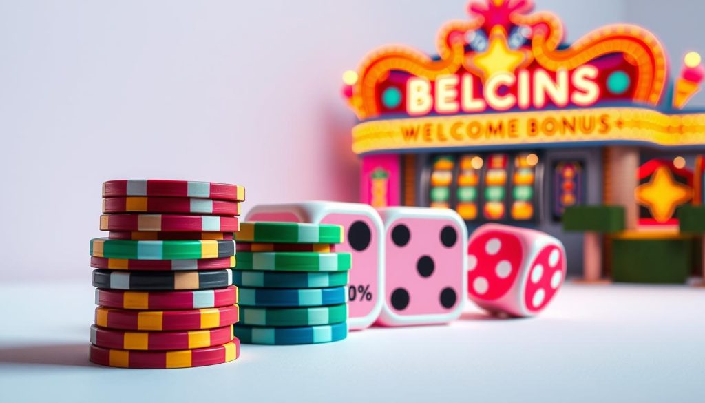 A vibrant illustration of various casino welcome bonuses, captured with a wide-angle lens against a clean, minimalist background. In the foreground, a stack of colorful casino chips, each representing a different type of bonus: free spins, match deposit, no-deposit, and cashback. The middle ground features a trio of casino dice, their faces revealing enticing bonus percentages. In the background, a neon-lit casino facade, its lights casting a warm, inviting glow, suggesting the excitement and opportunities awaiting new players. The overall scene exudes a sense of anticipation and the promise of potential riches, perfectly encapsulating the essence of casino welcome bonuses.