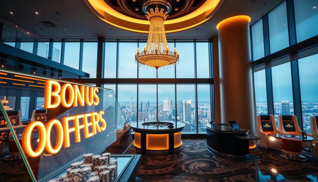 A visually captivating image of the "Best Online Casino Bonuses 2025" showcasing a sleek, modern casino interior. In the foreground, a glass display case features an array of shimmering casino chips and a neon sign that reads "Bonus Offers". Overhead, a grand chandelier casts a warm, golden glow across the scene. In the middle ground, a concierge desk stands ready to assist players, while the background reveals a panoramic view of the city skyline through large windows, creating a sense of sophistication and excitement. The lighting is carefully balanced, with a mix of natural and artificial illumination, and the camera angle is slightly elevated to give an immersive, almost bird's-eye perspective. The overall atmosphere conveys a feeling of luxury, opportunity, and the thrill of the gaming experience. A visually captivating image of the "Best Online Casino Bonuses 2025" showcasing a sleek, modern casino interior. In the foreground, a glass display case features an array of shimmering casino chips and a neon sign that reads "Bonus Offers". Overhead, a grand chandelier casts a warm, golden glow across the scene. In the middle ground, a concierge desk stands ready to assist players, while the background reveals a panoramic view of the city skyline through large windows, creating a sense of sophistication and excitement. The lighting is carefully balanced, with a mix of natural and artificial illumination, and the camera angle is slightly elevated to give an immersive, almost bird's-eye perspective. The overall atmosphere conveys a feeling of luxury, opportunity, and the thrill of the gaming experience.