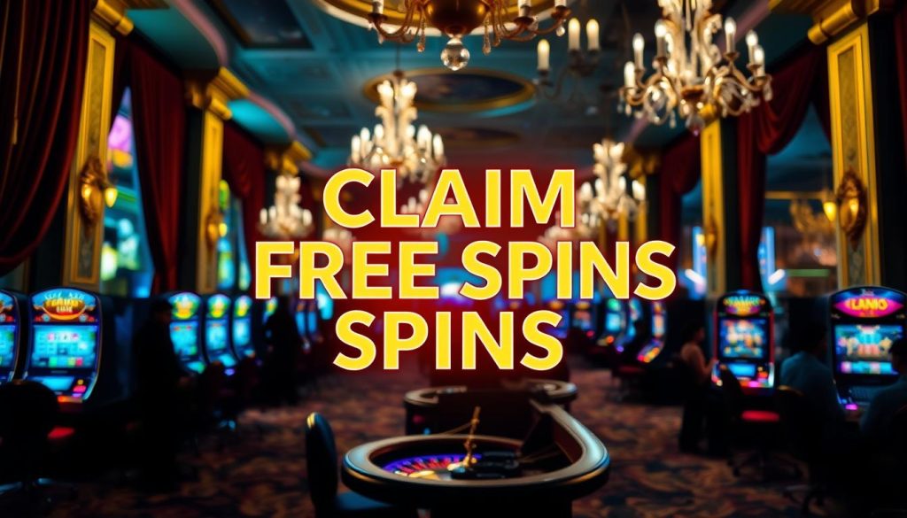 A visually striking casino-themed scene, with a large "CLAIM FREE SPINS" headline prominently displayed in the foreground. The scene is set in a luxurious casino interior, with plush velvet curtains, sparkling chandeliers, and a gilded, baroque-inspired design. The background features a blurred view of a bustling casino floor, with the silhouettes of people playing slot machines and roulette tables. The lighting is dramatic, with a warm, golden glow illuminating the central "CLAIM FREE SPINS" element, creating a sense of excitement and anticipation. The overall composition is visually striking and inviting, drawing the viewer's attention to the key message. A visually striking casino-themed scene, with a large "CLAIM FREE SPINS" headline prominently displayed in the foreground. The scene is set in a luxurious casino interior, with plush velvet curtains, sparkling chandeliers, and a gilded, baroque-inspired design. The background features a blurred view of a bustling casino floor, with the silhouettes of people playing slot machines and roulette tables. The lighting is dramatic, with a warm, golden glow illuminating the central "CLAIM FREE SPINS" element, creating a sense of excitement and anticipation. The overall composition is visually striking and inviting, drawing the viewer's attention to the key message.