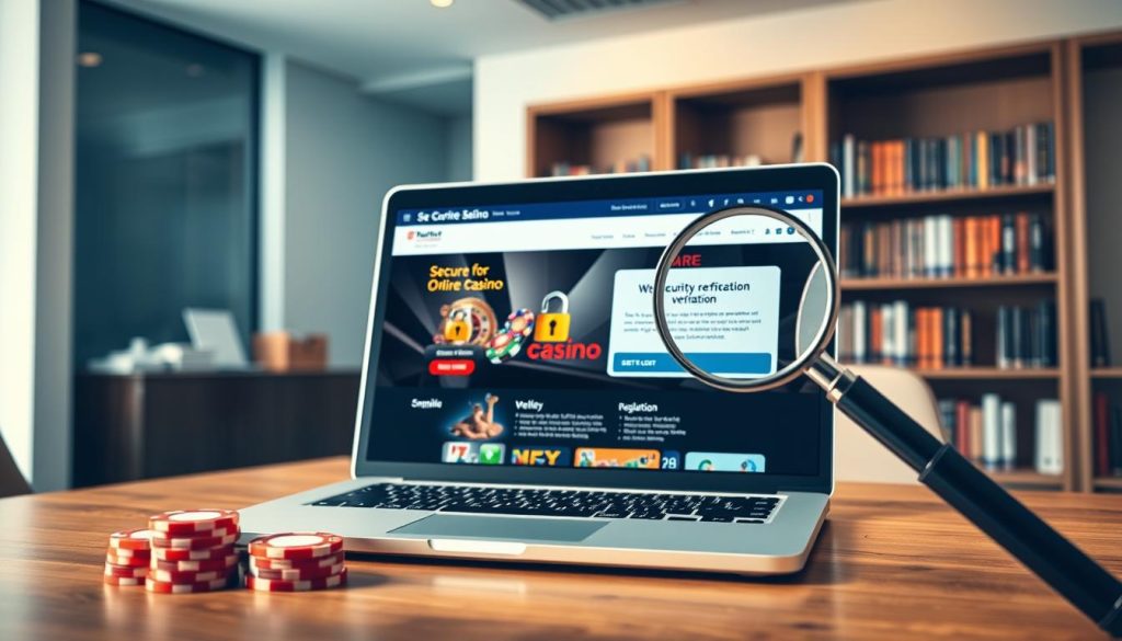 A well-lit modern office interior with a clean, professional atmosphere. In the foreground, a laptop displaying a secure online casino website, guarded by a strong padlock icon. The middle ground features a stack of casino chips, a digital tablet displaying security verification, and a magnifying glass inspecting the website's credentials. The background showcases a bookshelf filled with cybersecurity and gambling regulation reference materials, creating an air of trust and legitimacy. The lighting is warm and inviting, conveying a sense of safety and reliability for online casino players.